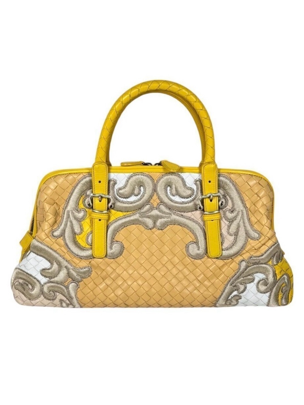 Bottega Veneta Leather Intrecciato Satchel Bag Beige Yellow Embroidered Luxury